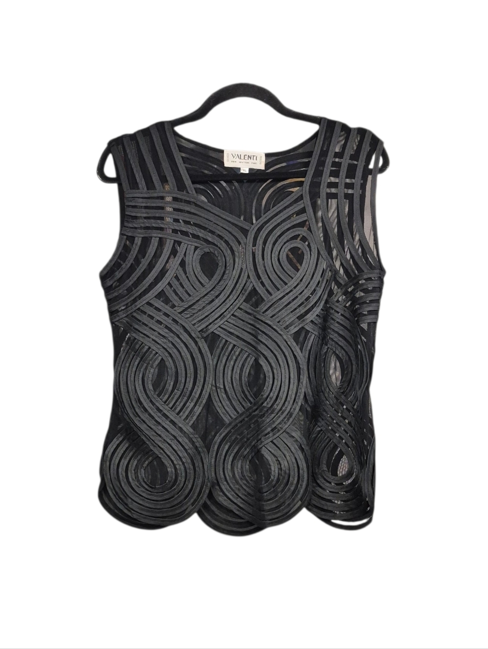 Vintage Valenti Black Sculptural Sleeveless Mesh Ribbon Top Women's XL